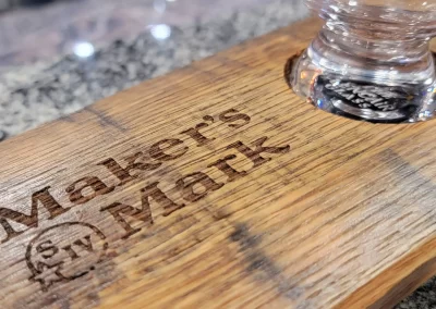 Makers Mark logo laser-engraved in barrel stave